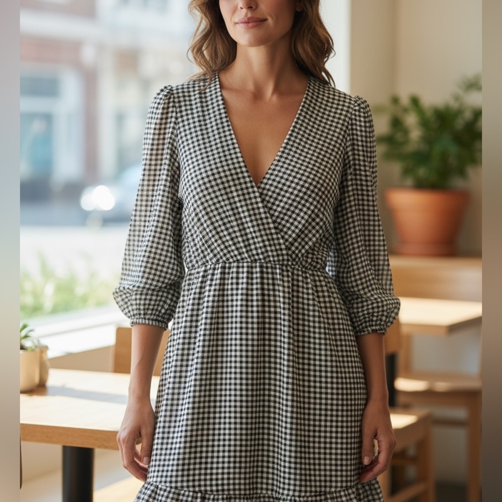Ali Ro V-Neck Long Sleeve Gingham Ruffle Hem Mini Dress Size Large
